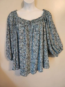 Terra & Sky Blue Abstract Off The Shoulder Top Hippie Boho 2X - Picture 1 of 7