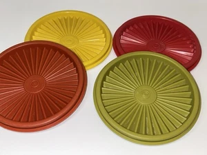 Vtg 4 Tupperware Servalier LIDS ONLY 812 5" Green, Yellow, Red, Rust Replacement - Picture 1 of 7