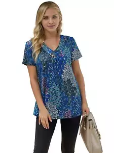 Women's Tunic Summer Casual Short Sleeve Top Loose V Neck Dressy Shirt Blouse - Picture 1 of 14