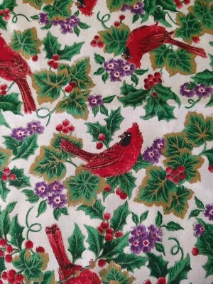 REMNANT VIP Cranston Printworks Fabric Red Cardinal Print Cotton Christmas 8" - Image 1 of 4
