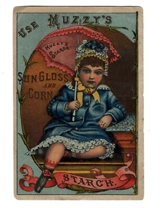 Victorian Trade Card Advertising 1800's Young Girl Bonnet Parasol Muzzy's Starch - Picture 1 of 4