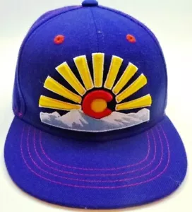 Aksels Colorado Sun & Mountains Snapback Hat, Embroidered Logo, Flat Brim, Blue - Picture 1 of 7