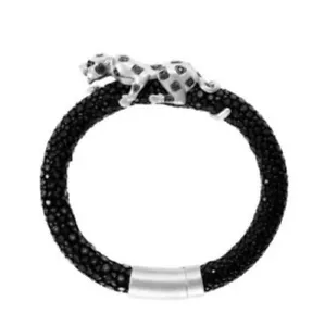 ¡NUEVO! Brazalete pantera de cuero, diamantes negros y plata de ley/EFFY/$1.700 - Imagen 1 de 3