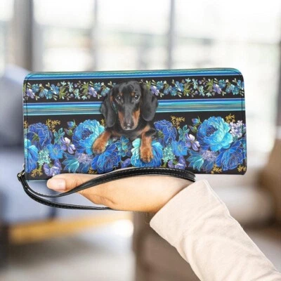 Personalized Dachshund Dog Leather PU Clutch Purse, Dachshund Flower Wallet Gift - Image 1 of 2