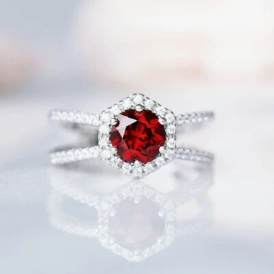 Anillo de compromiso Art Deco de plata 925 chapado en oro blanco de 14K granate natural Foto 1 de 4
