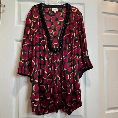 Túnica de seda Eci para mujer 3X Mod punto tostado negro rosa oscuro manga 3/4 cremallera lateral cuentas Foto 1 de 4