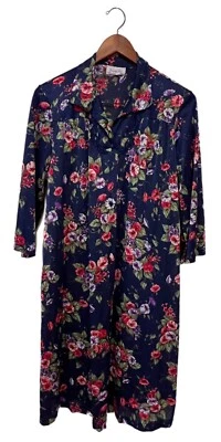 Vintage Vanity Fair Floral Dressing Gown Blue Buttons Nylon Nightgown Womens M — 第 1/3 张图片
