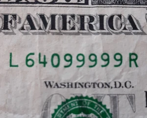 TRAILING SOLID 5 in a row 9s Fancy Serial Number 2013 Series L 64099999 R - Picture 1 of 5