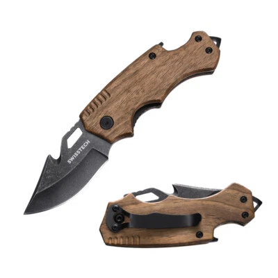 Cuchillo plegable de bolsillo Swiss+Tech de 6 pulgadas cuchillo táctico multiherramienta con mango de madera Foto 1 de 4