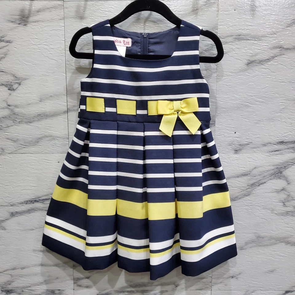 Vestido Jessica Ann Infantil Talla 18 Mo Azul Marino Rayas Sin Mangas Amarillo Cinta Lazo Foto 1 de 4
