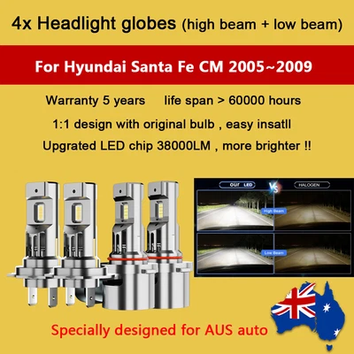 4x 360° Headlight Globes For Hyundai Santa Fe 2006 2007 2008 High Low Beam bulbs - image 1 of 4