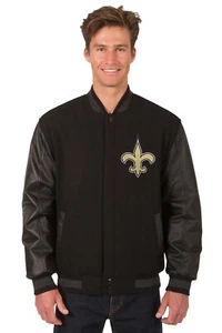 NFL New Orleans Saints Wool Leather Reversible Jacket Front Patch Logos Black - Picture 1 of 4
