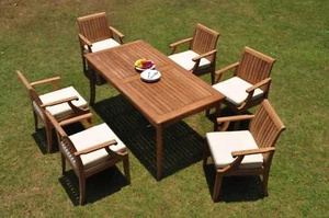 7-Piece Outdoor Teak Dining Patio Set: 83" Rectangle Table, 6 Arm Chairs Lagos - Picture 1 of 6