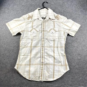 Guess Mens Pearl Snap Shirt Short Sleeve Medium Beige Western Flap Pocket Cotton - Picture 1 of 7