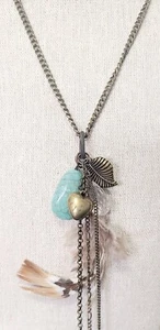 Long Multicharm Tassel Necklace Bronze W/turquoise & Feather Heart Pendant Boho - Picture 1 of 13