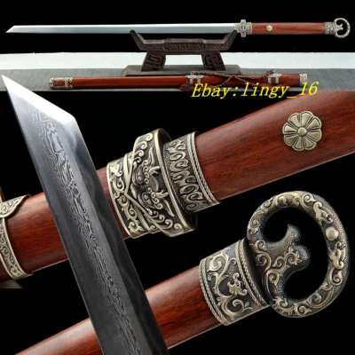 Arcilla Templada Damasco Acero Afilado Chino Tang Dao 唐刀 Latón Anillo Cabeza Espada Foto 1 de 4