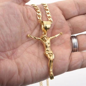 Hip Hop Urban 14K Gold Plated Cut Cross Jesus Pendant 20" Chain Necklace MPG009G - Picture 1 of 5