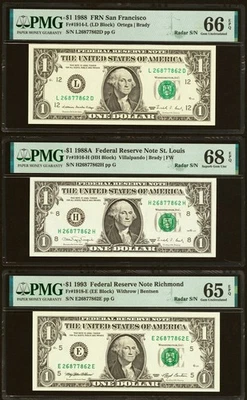 3 Matching $1 Radar Serial Numbers PMG 68, PMG 66 & PMG 65 (ADJ) - Image 1 of 2