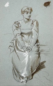 Hermann Schneider - Sitzende Frau in Kleid sitting woman in dress Zeichnung 1880 - Bild 1 von 1