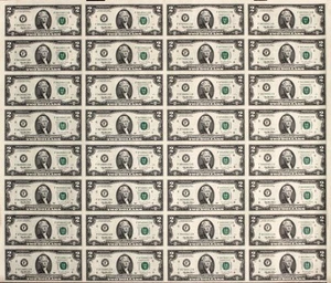 Crisp Uncut Sheet of 32 $2 Bills Series 1995 - Atlanta Federal Reserve Bank - Picture 1 of 6