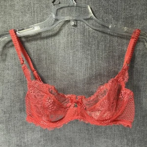 Chantelle Bra Womens 32C Coral Lace Underwire Sheer Floral Bow French Lingerie - Picture 1 of 15
