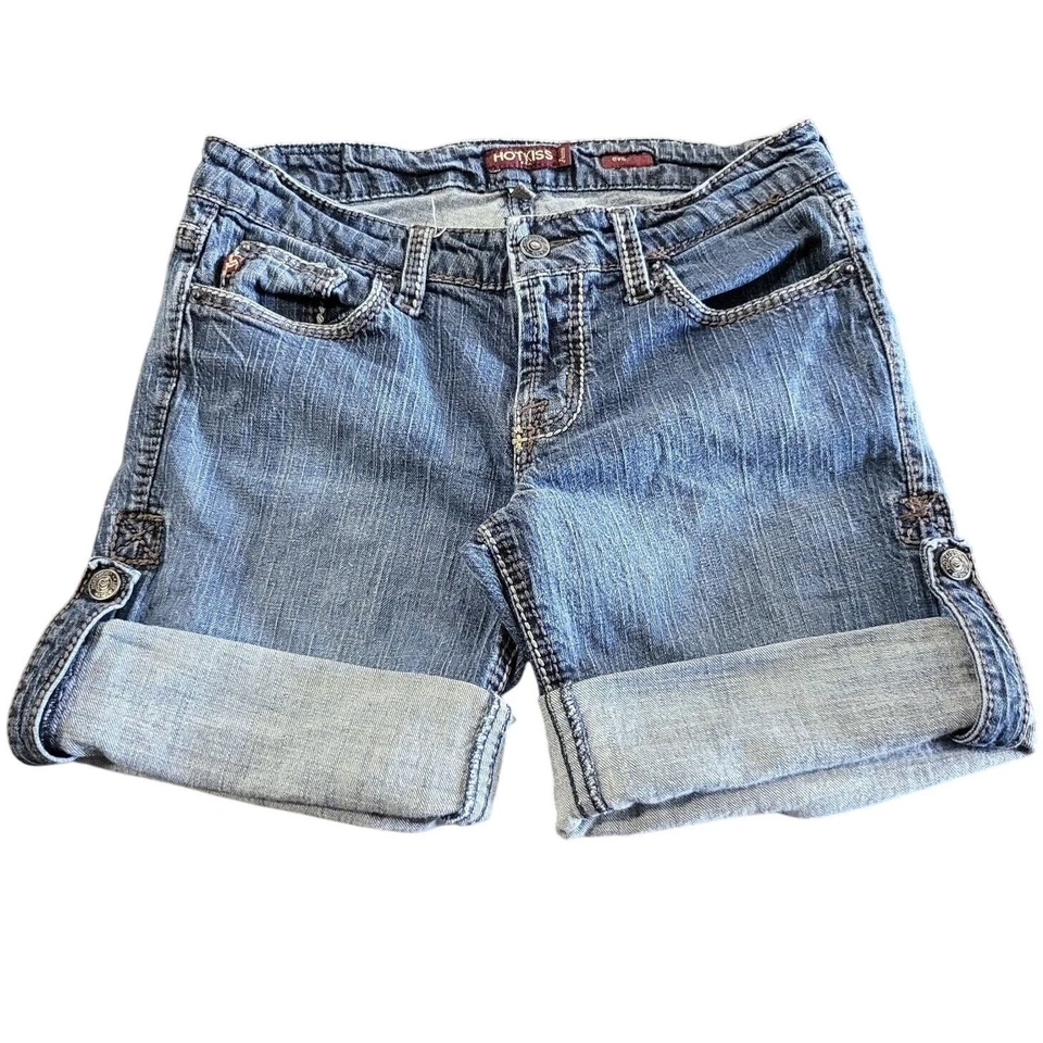 Pantalones Cortos Hot Kiss Para Mujer Talla 27 Azul Jean Denim Playa Puños Elastizados Desteñidos Etiqueta 7 Foto 1 de 4