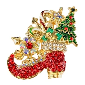 Brooch Christmas Elf Stocking Red & A/B Rhinestone Crystals Gold Tone - Picture 1 of 2