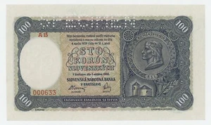 Slovakia 100 Korun 7-10-1940 Pick 10.s aUNC Almost Uncirculated Specimen - Picture 1 of 2