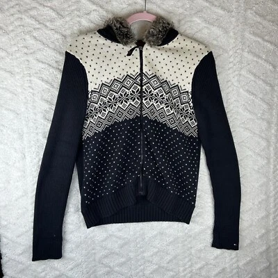 Tommy Hilfiger Cardigan Fair Isle Full Zip Faux Fur Hooded Women’s Size Medium - Image 1 of 4