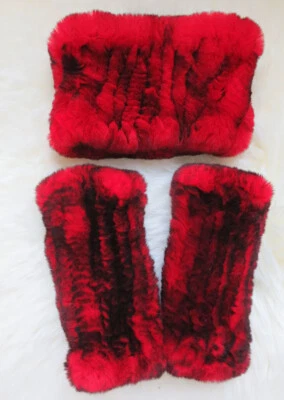 Knitted 100% real rex rabbit fu mittens with headbands/ fur gloves / fur wrap  - Image 1 of 4
