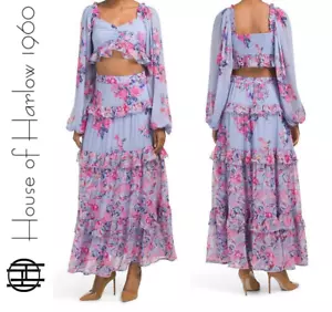 HOUSE OF HARLOW gesmockter geruchter kurzes Oberteil & abgestufter Maxirock Polychiffon Set Gr. M - Bild 1 von 16