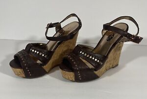 Rue21 Etc Shoes Wedge Open Toe Brown Sandal Wedge Heel Sz 7/8 Ankle Strap Studs