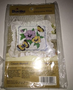 BUCILLA PANSY BUTTERFLY PILLOW CROSS STITCH FABRIC STAMPED 12" THROW COUCH CRAFT - Picture 1 of 3