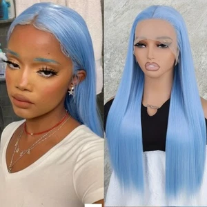 Sky Blue Lace Front Wigs Glueless Women Natural Long Straight Hair Pre Plucked - Picture 1 of 5