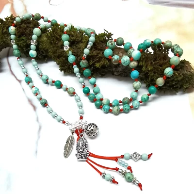 Boho Kette Perlen / Halskette mit Anhängern Türkis Grün & Rot geknotet Howlith  - Bild 1 von 4