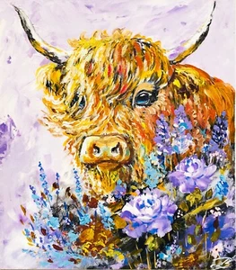 Cow Portrait Original Highland Cow Painting Boho Decor Farm Wall Art 12 x 10" - Picture 1 of 8