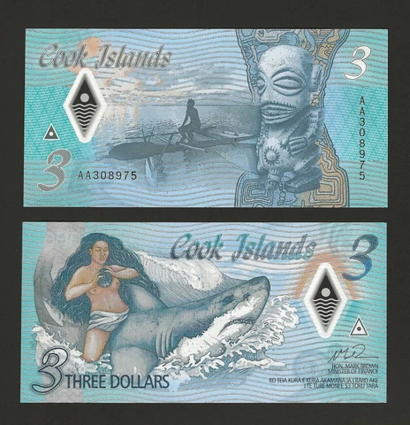 COOK ISLANDS $3 Dollars 2021, P-11a Polymer Banknote, Prefix AA, Pack Fresh UNC Cover
