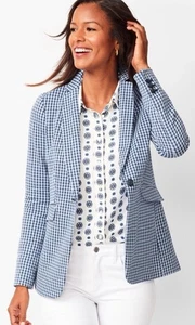 Blazer donna Talbots 2 maglie pied de poule blu beige misto cotone un bottone - Foto 1 di 11