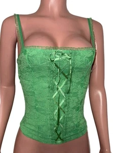 Y2K Green Ribbon Glam Sparkly Lace Up Cami Lined Bustier Top S New Going Out - Picture 1 of 3