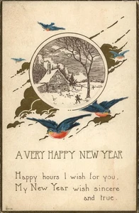 Vintage New Year Postcard with Birds and Winter Scene, Chicago IL 1919 - Picture 1 of 2