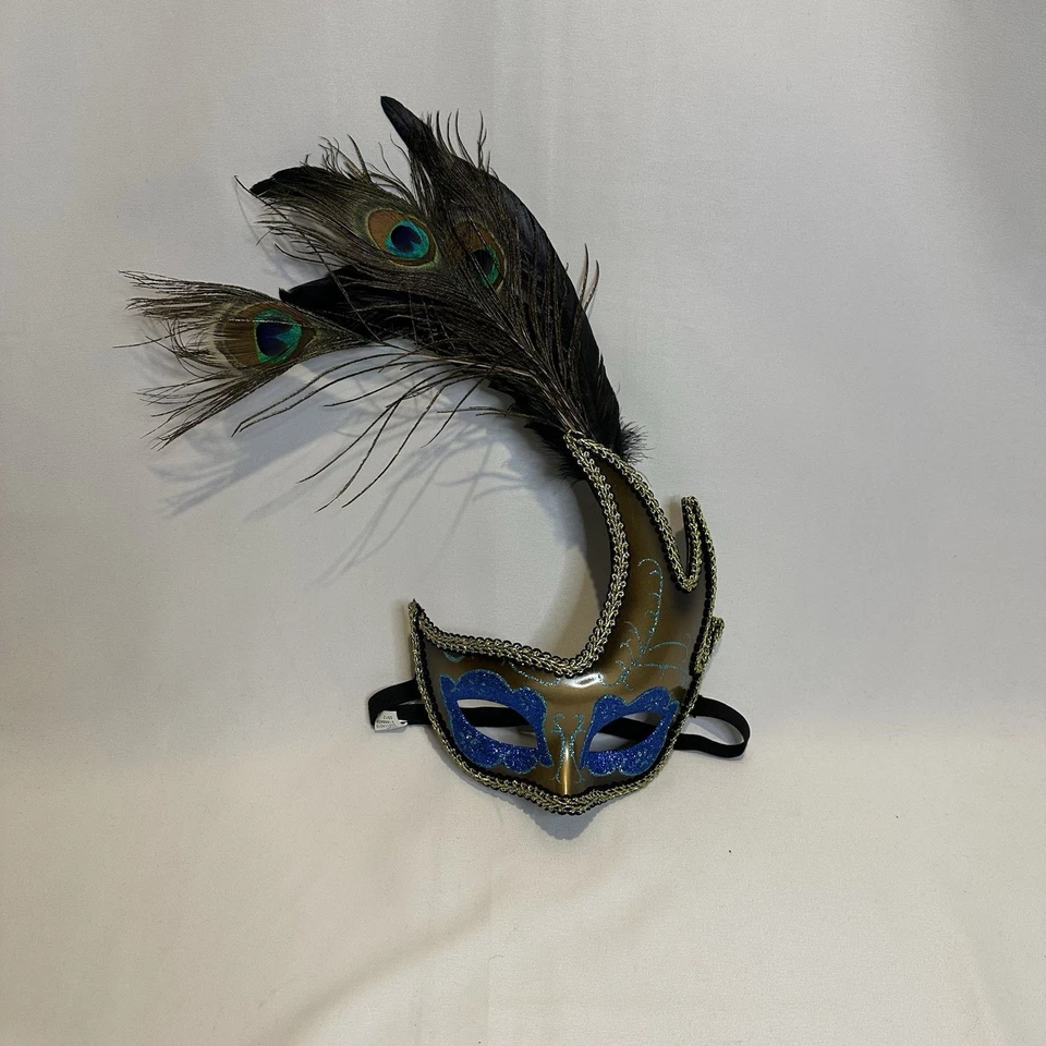 Masquerade Costume Mask With Feathers Peacock Colors - Image 1 of 1
