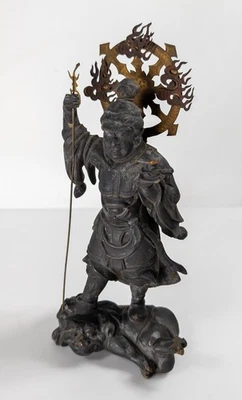 Antique Japanese Shinto Bishamonten Guardian Deity Pine Wood Carving - Image 1 of 4