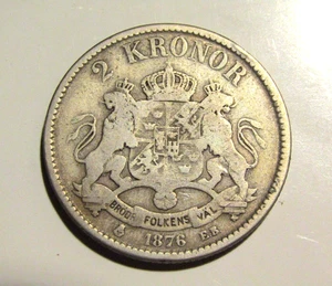 Sweden 1876 2 Kronor Silver Old Coin - Picture 1 of 3