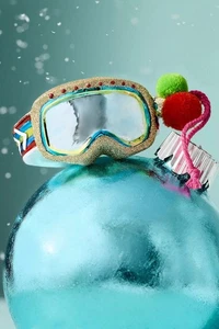 Anthropologie Ski Goggles Glass Ornament With Pom Poms Apres Winter Sport NWT - Picture 1 of 4
