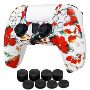 PS5 Controller Skin Grip Cover Silicone Gel Rubber w/ 8 Thumb Caps - Red Flower - Picture 1 of 7