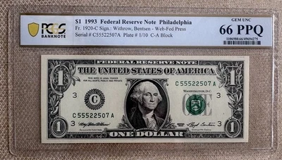 1993 One Dollar Philladelphia -Web Fed Press- Fr1920c ((CA)) Block PCGS 66 - Image 1 of 2
