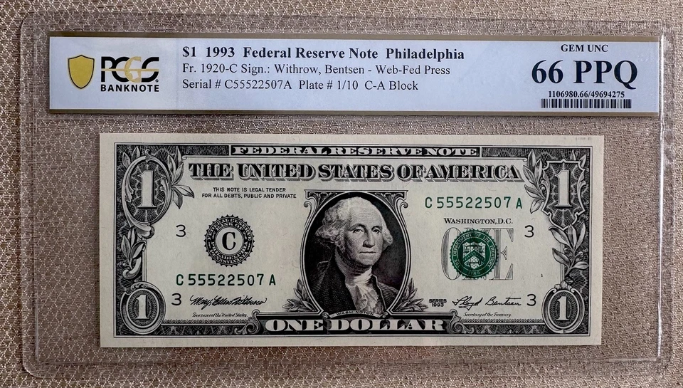 1993 One Dollar Philladelphia -Web Fed Press- Fr1920c ((CA)) Block PCGS 66 - Image 1 of 2