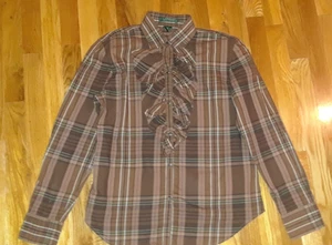 Damen Lauren Ralph Lauren braun kariert Rüschen Knopfleiste Hemd Größe Large - Bild 1 von 4
