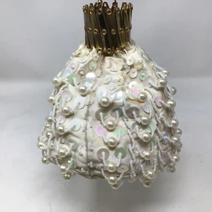 Vintage Sequin Accordion Expanding Top Purse Beaded Satin Off White Needs repair - Picture 1 of 7