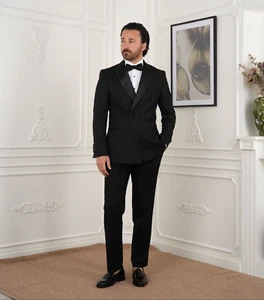 Men's Premium Tuxedo Groom Suit Slim Fit Satin Peak Lapel Slim Fit Italian Bow - Picture 1 of 14